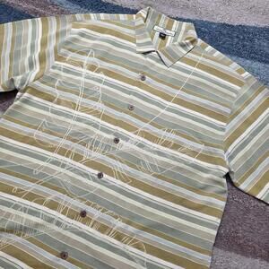 Tommy Bahama Silk Striped Leaf Shirt L Green Tan Short Sleeve